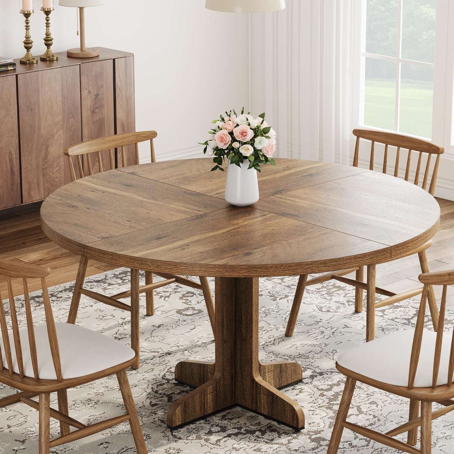 47.2 Inch Round Dining Table for 4-6 People, Engineered Wood Tabletop with Sturdy Wooden Base, Adjustable Feet for Stability