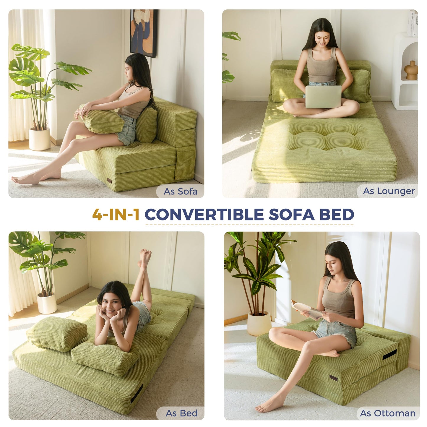 MAXYOYO Folding Foam Sofa Bed, Tri-Fold Mattress with 2 Pillows, Convertible Sofa Chair Futon Z Bed with 15cm Thincken Foam