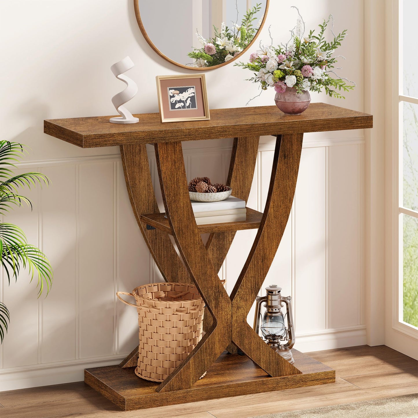 FAVOOSTY Slim Console Table for Hallway, 3-Tier Half Moon Narrow Entryway Table with Shelves, Industrial Behind Sofa Table