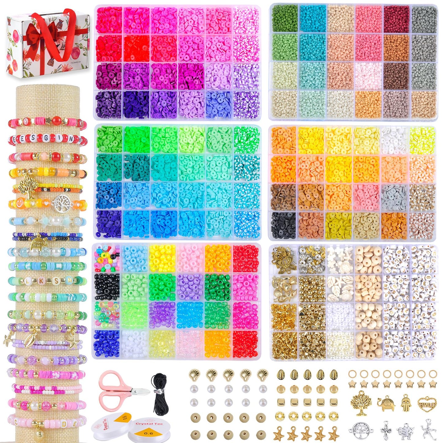 SJZWSD Friendship Bracelet Making Kit, 6 Box Set Clay Beads, Seed Glass, Pony Beads, Wooden Charms and Letters, Jewellery Craft Kit