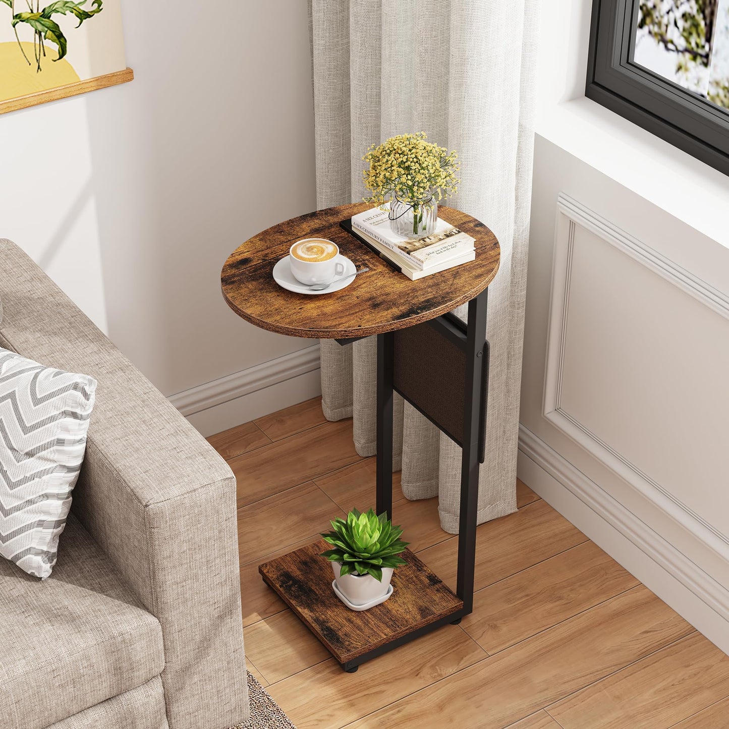 Vagusicc C Shaped End Table, Small Couch Side Tables with Metal Frame that Slide Under Sofa Table TV Tray for Living Room, Bedroom, Rustic Brown