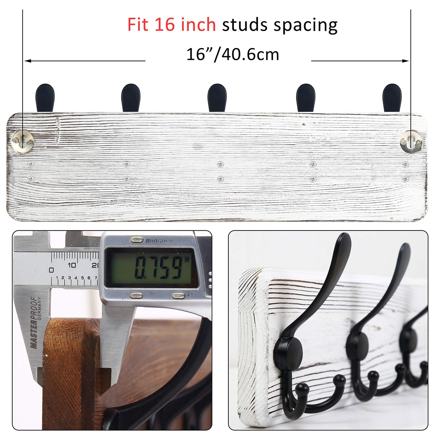 WEBI Coat Rack Wall Mounted,Wood Coat Hooks Wall Mount,16" Hole to Hole,Coat Hanger Wall,Hook Rack Rail,5 Triple Hooks for Hanging
