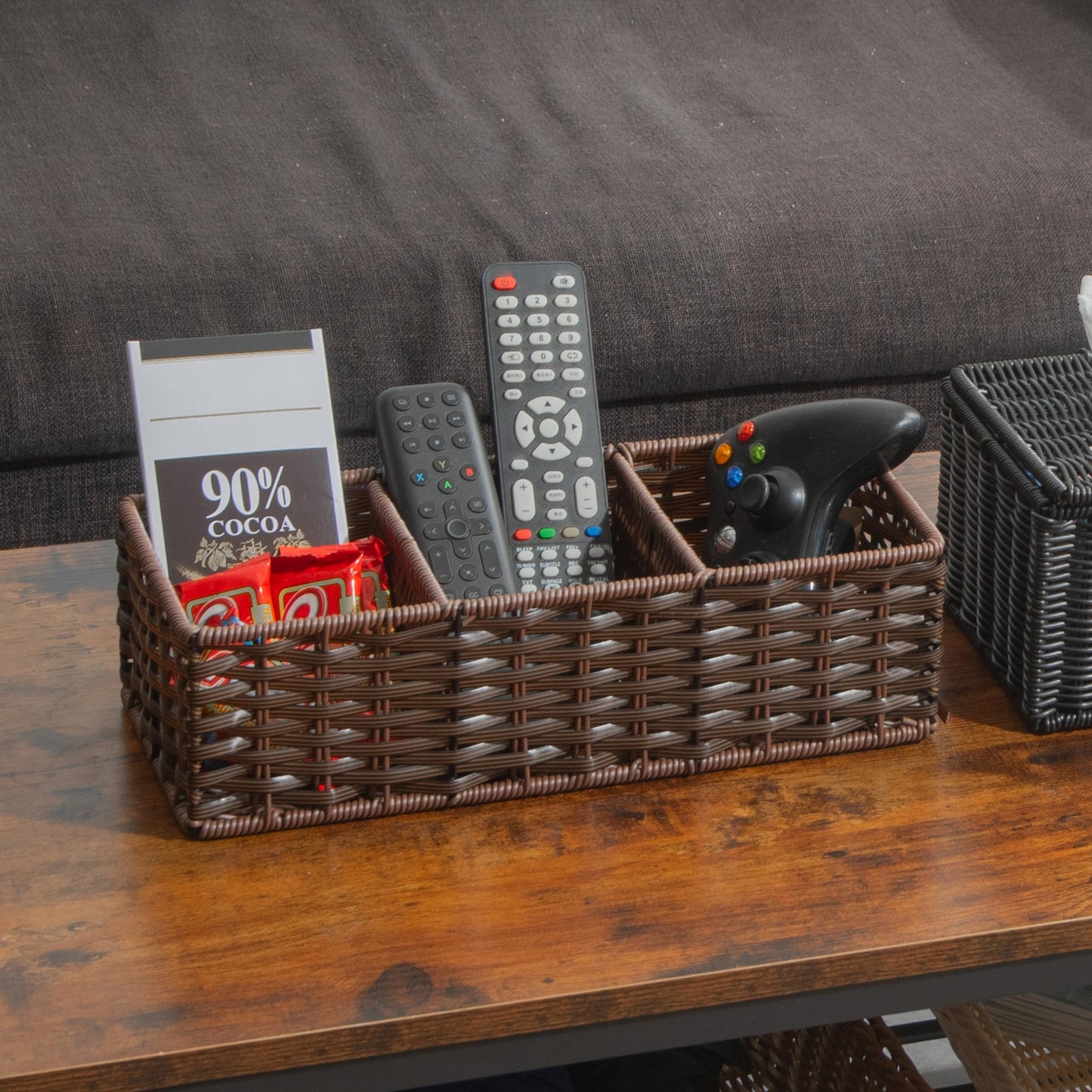 myHomeBody Wicker Basket With 3 Compartments, Bathroom Caddy, Dark Walnut