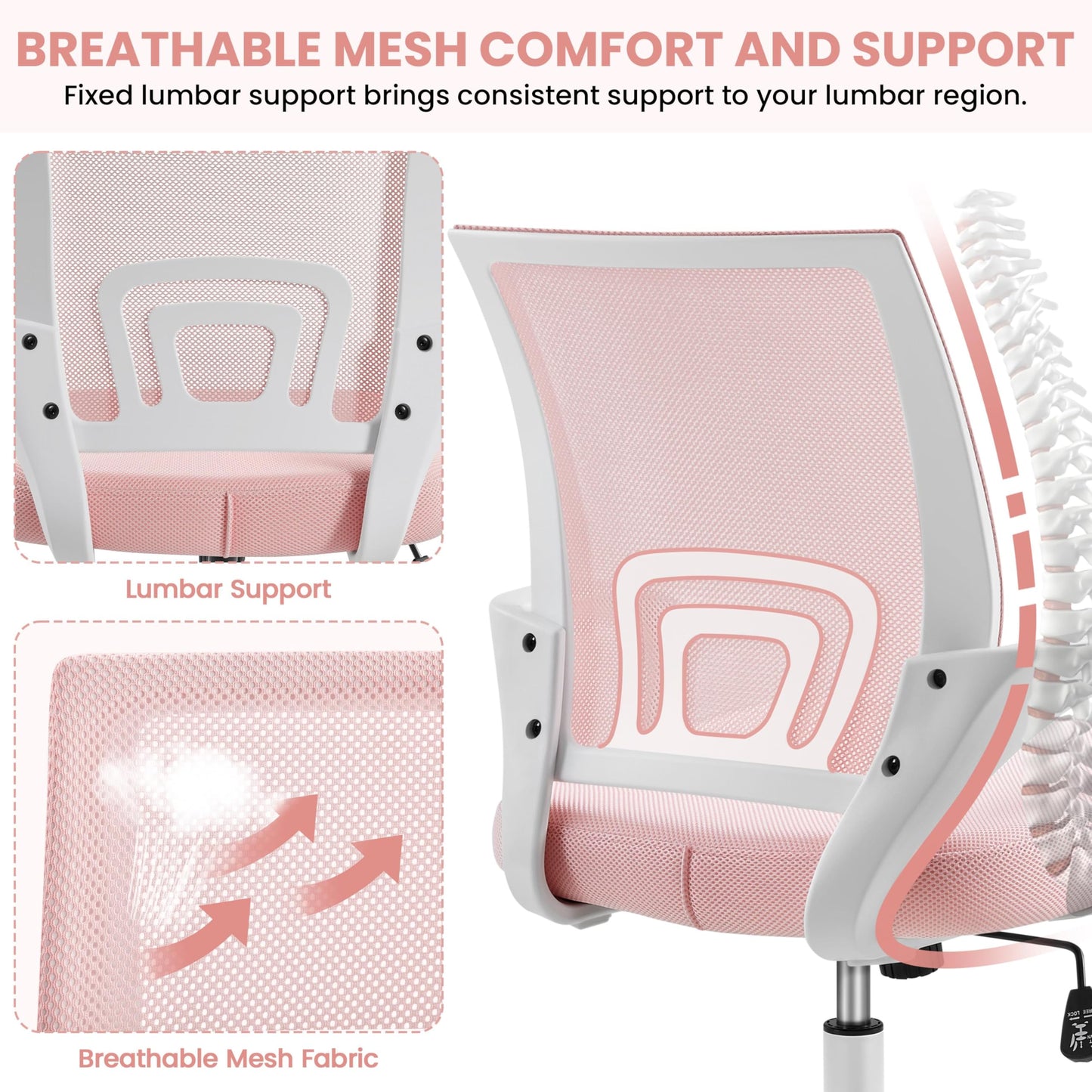Yaheetech Ergonomic Chair Mesh Swivel Lumbar Support Adjustable Desk Pink