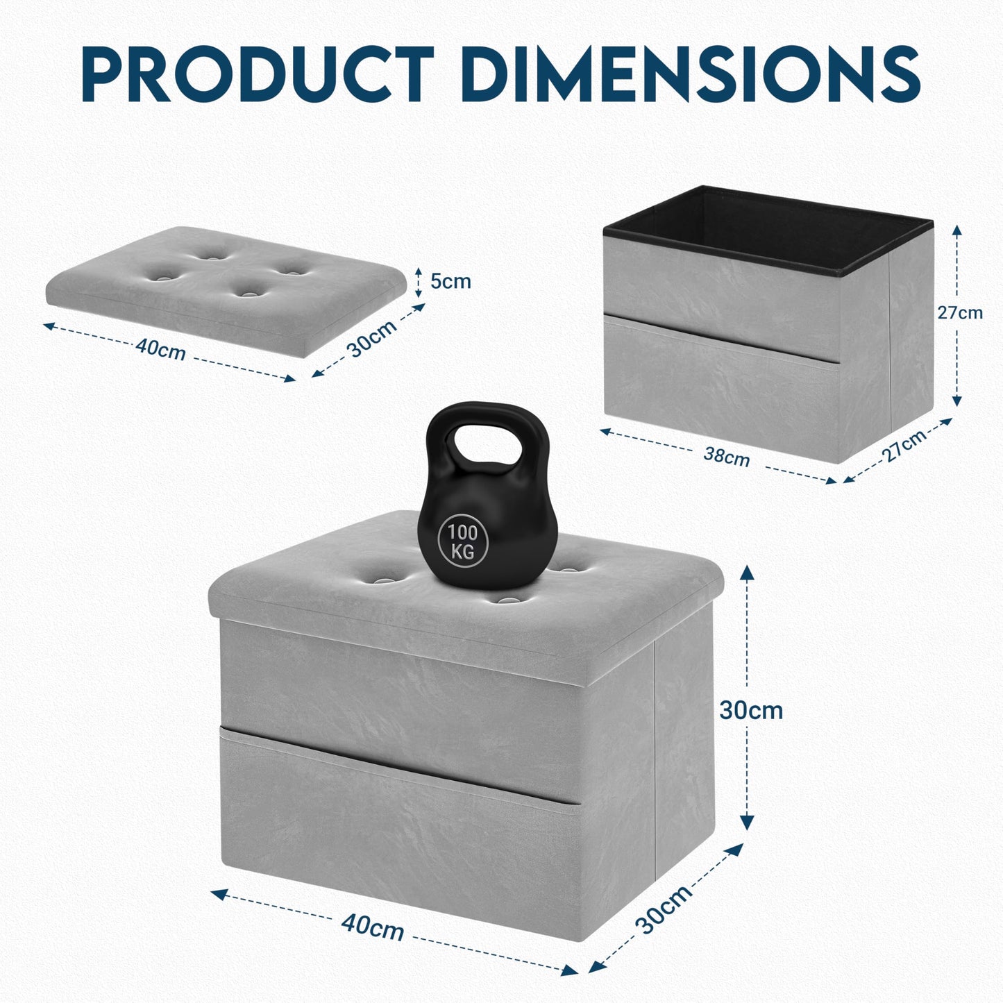 LOFTEY Small Ottoman Storage Box, Foldable Foot Stool with Lid, Grey