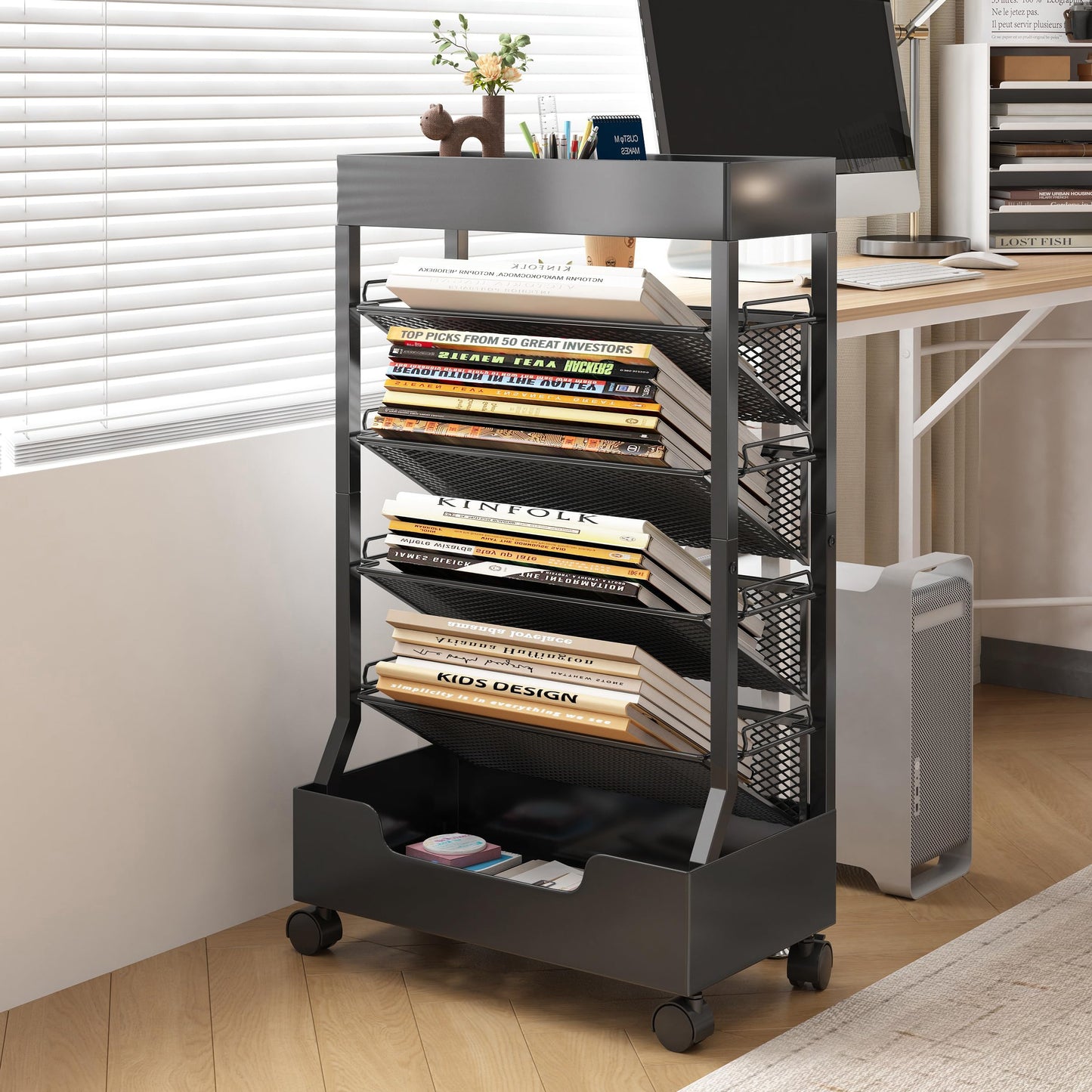 Ornestia Metal Book Trolley, Mobile Storage Bookcase with Wheels(Black)