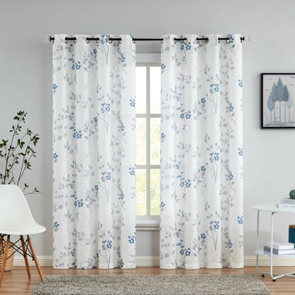 Beauoop Blue Grey Semi Sheer Floral Curtains for Living Room 90 Drop Linen Textured Farmhouse Curtains for Bedroom Leaf Printed Eyelet Rustic Drapes