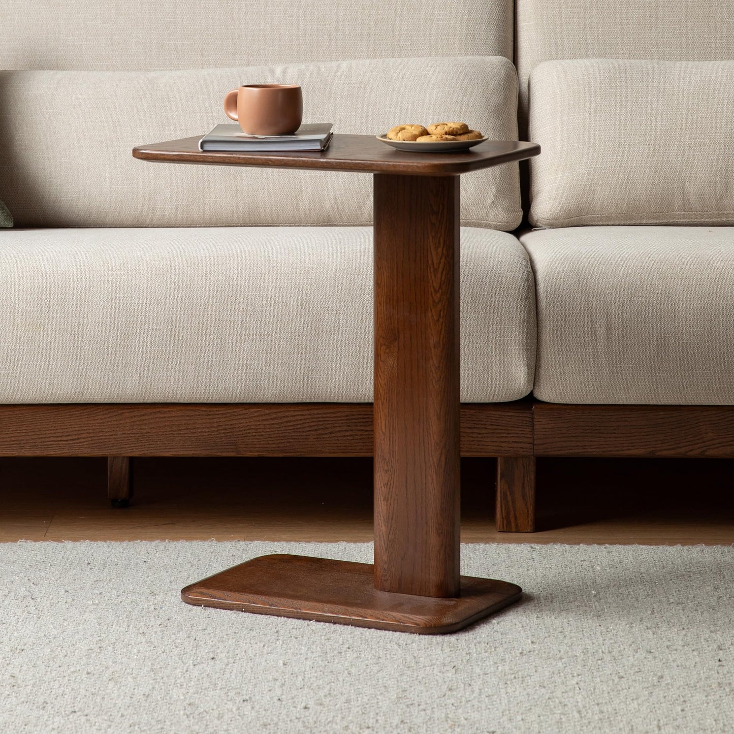 Solid Wood C Table, Oak Side Table with Walnut Finish Living Room End Table