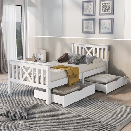 BTM Single Bed with Drawers, Wooden Single Bed with Storage, 3FT-90x190cm Solid Pine Wood Single Guest Bed For Adults, Kids, Teenagers (White)