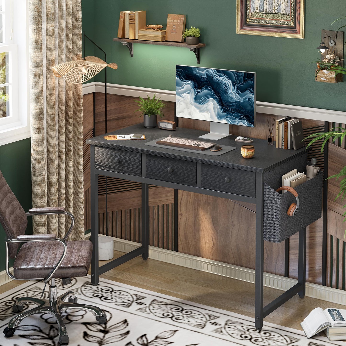 BEXEVUE Small Desk with Drawers, 100cm Comuputer Desk with Fabric Storage Drawers, Home Office Writing Desk for Small Spaces, Black