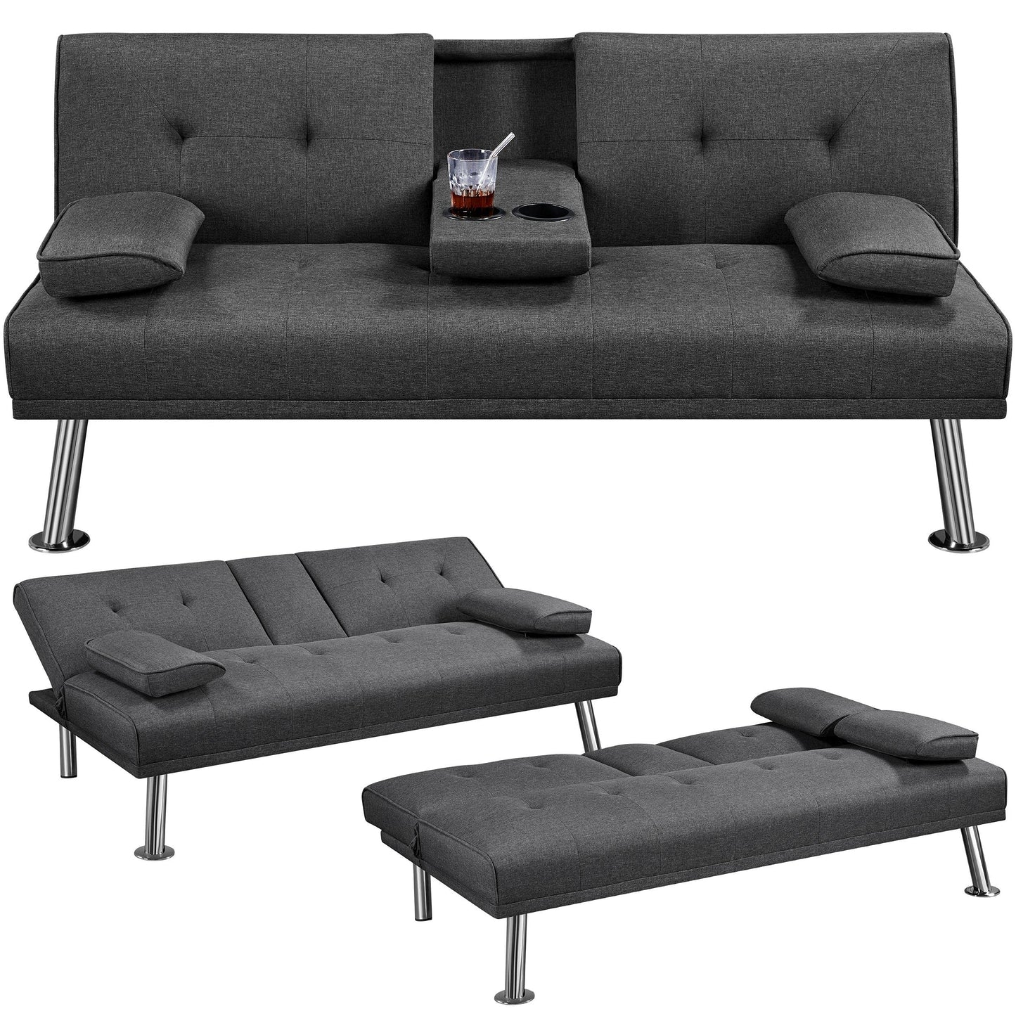 Yaheetech Dark Grey 3-in-1 Convertible Upholstered Cup Holder Sofa Bed