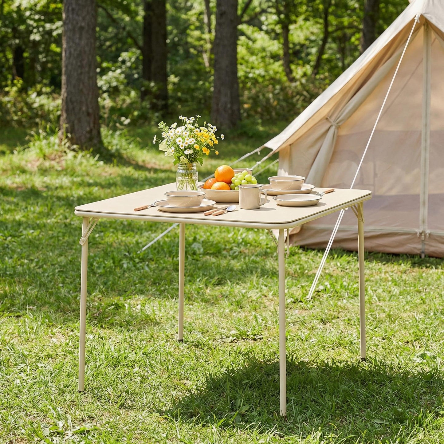 FurnitureR Folding Square Dining Table,Card Game Play Desk Portable for 4 People,Adults,Teens,Boys,Girls,Indoor,Outdoor,86x86x71cm,Camel