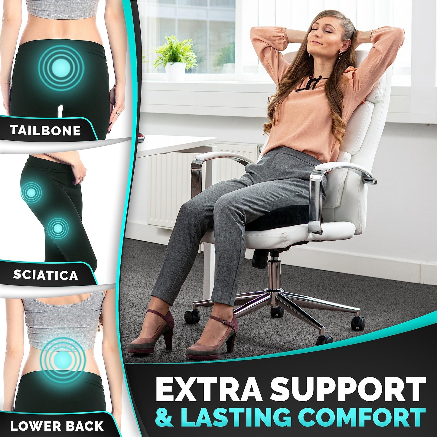 iamcomfi Coccyx Cushion for Tailbone Pain Relief – Medium Hardness - Memory Foam Sciatica Pillow for Back, Hip & Coccyx Pain