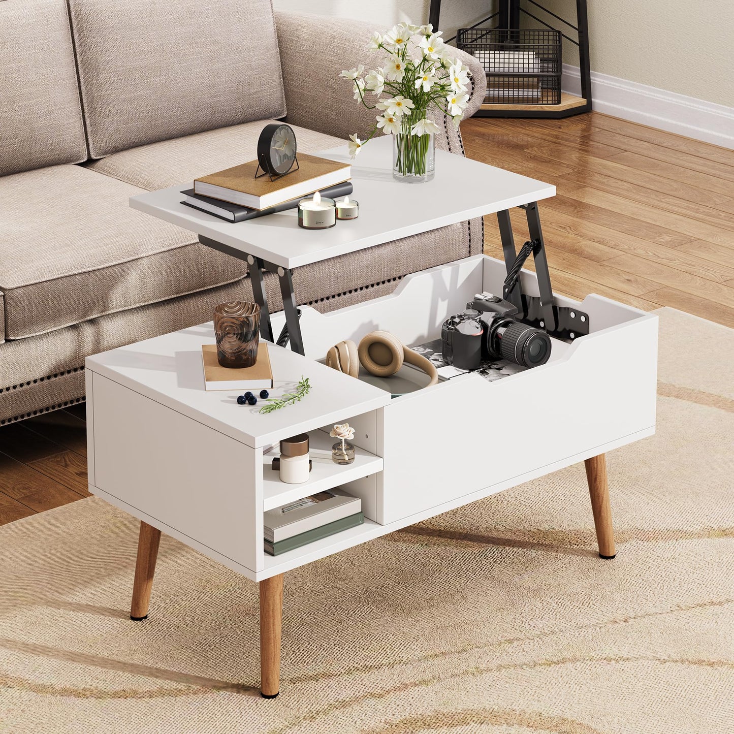 YITAHOME Lift Top Coffee Table with Hidden Compartment, Adjustable Storage Shelf, Spring Lifter, Coffee Table with Storage for Living Room