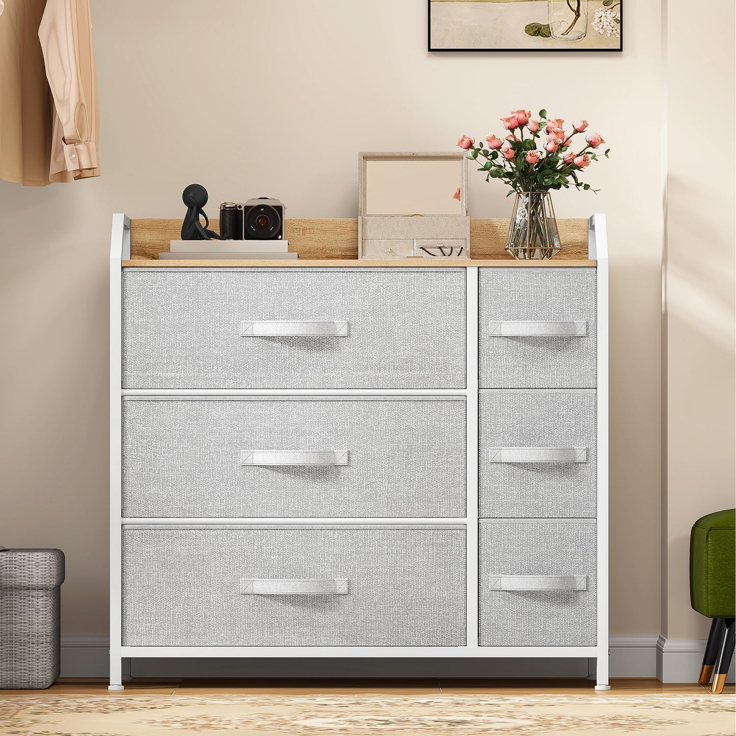 DWVO Chest of Drawers,Fabric Chest of Drawers Bedroom Cabinet with 6 Drawers,Dresser for Bedroom,Living Room With Handles,Wood Top and Sturdy Steel
