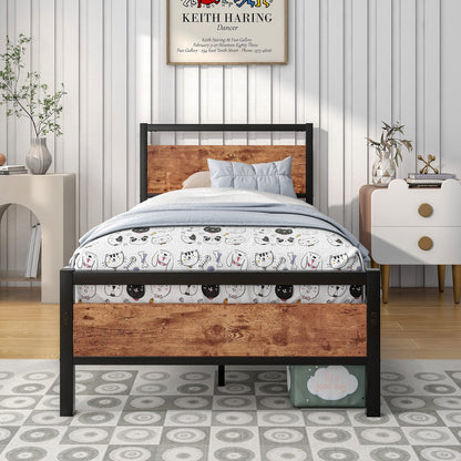HOJINLINERO Metal Single Bed Frames with Wood Headboard,Industrial Bed Frame Single for Adult,Heavy Duty Platfrom Metal Slats Support,Easy