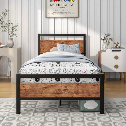 HOJINLINERO Metal Single Bed Frames with Wood Headboard,Industrial Bed Frame Single for Adult,Heavy Duty Platfrom Metal Slats Support,Easy