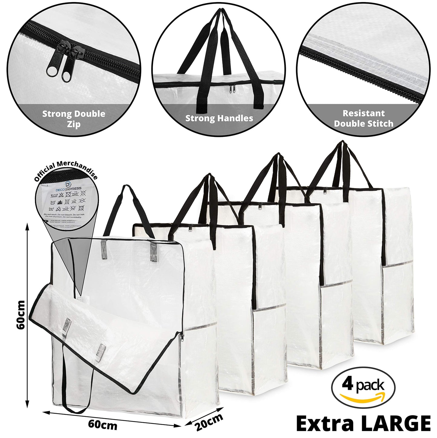 DECO EXPRESS Laundry Bags XL, Pack of 4 Heavy Duty Jumbo Garage, Attic or Underbed Storage Solutions for Clothes, Bedding, Duvet