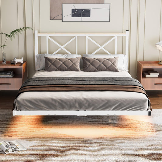 ARFARLY Double Floating Bed Frame with LED Lights and Charging Station, Metal Platform Bed Frame with Wooden Storage Headboard (White and OAK, Double)