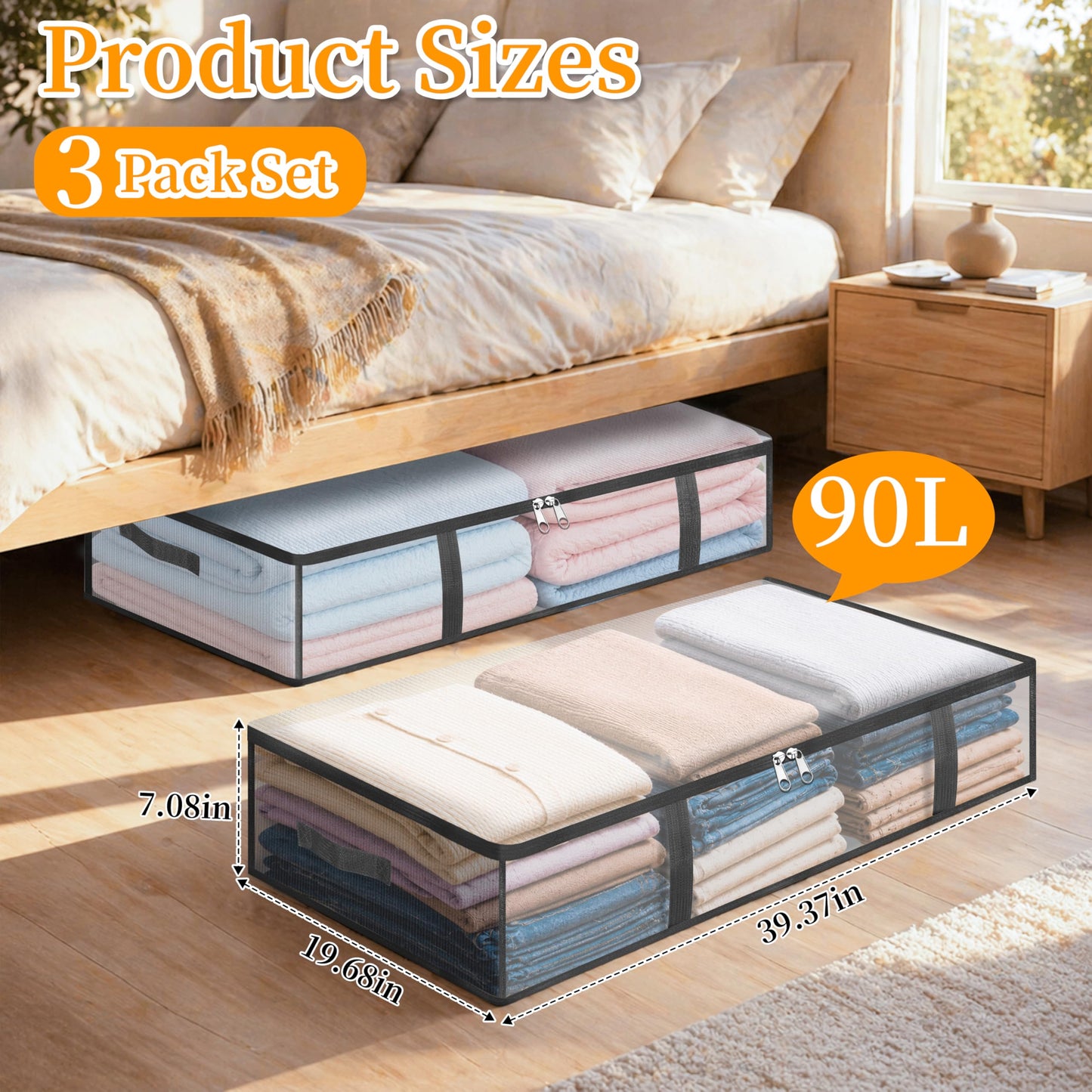 Averrex 3 pack 90L Storage Bags, Clear Under Bed Storage Box with Lids