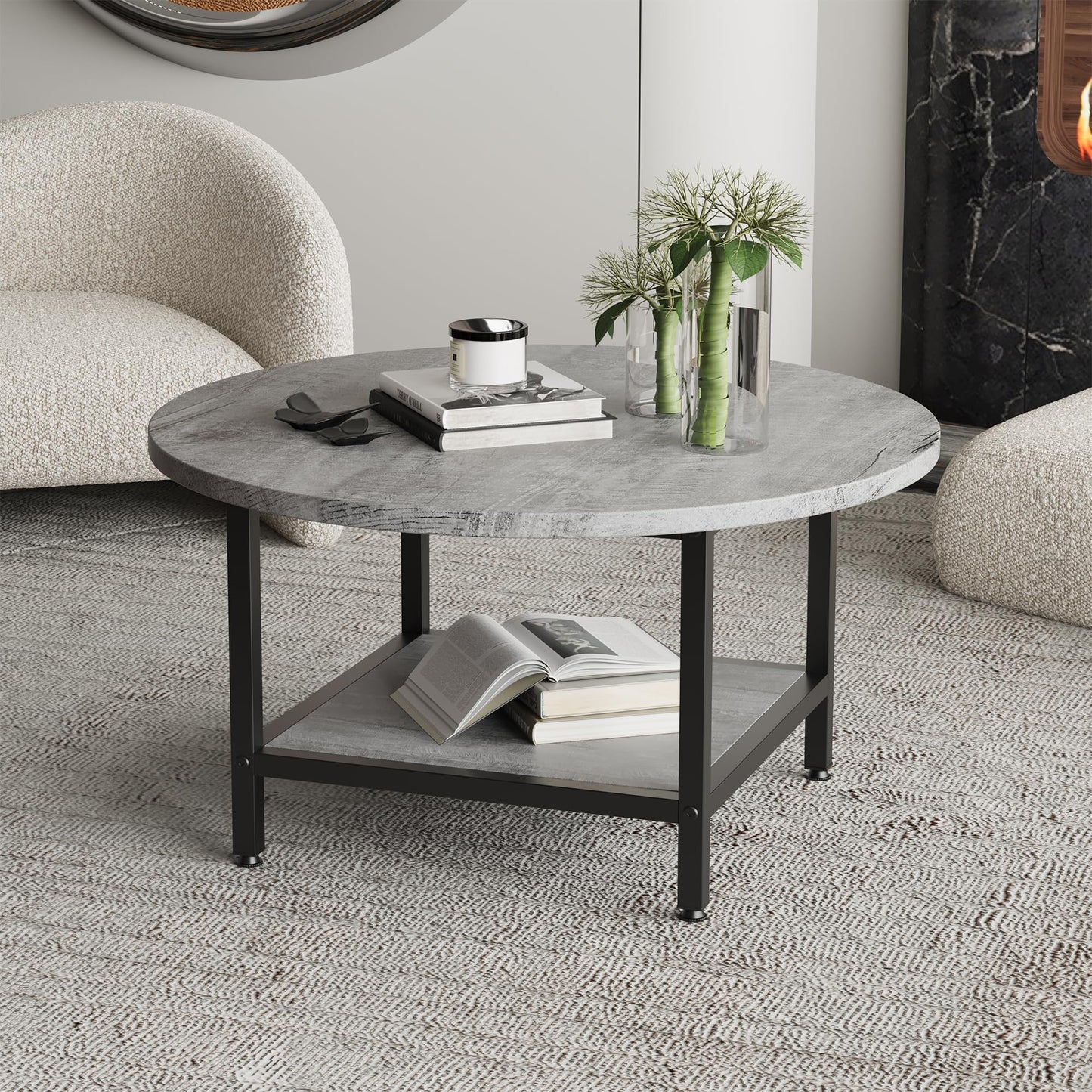 ARFARLY Round Coffee Table for Living Room,Side Table for Small Space, Grey