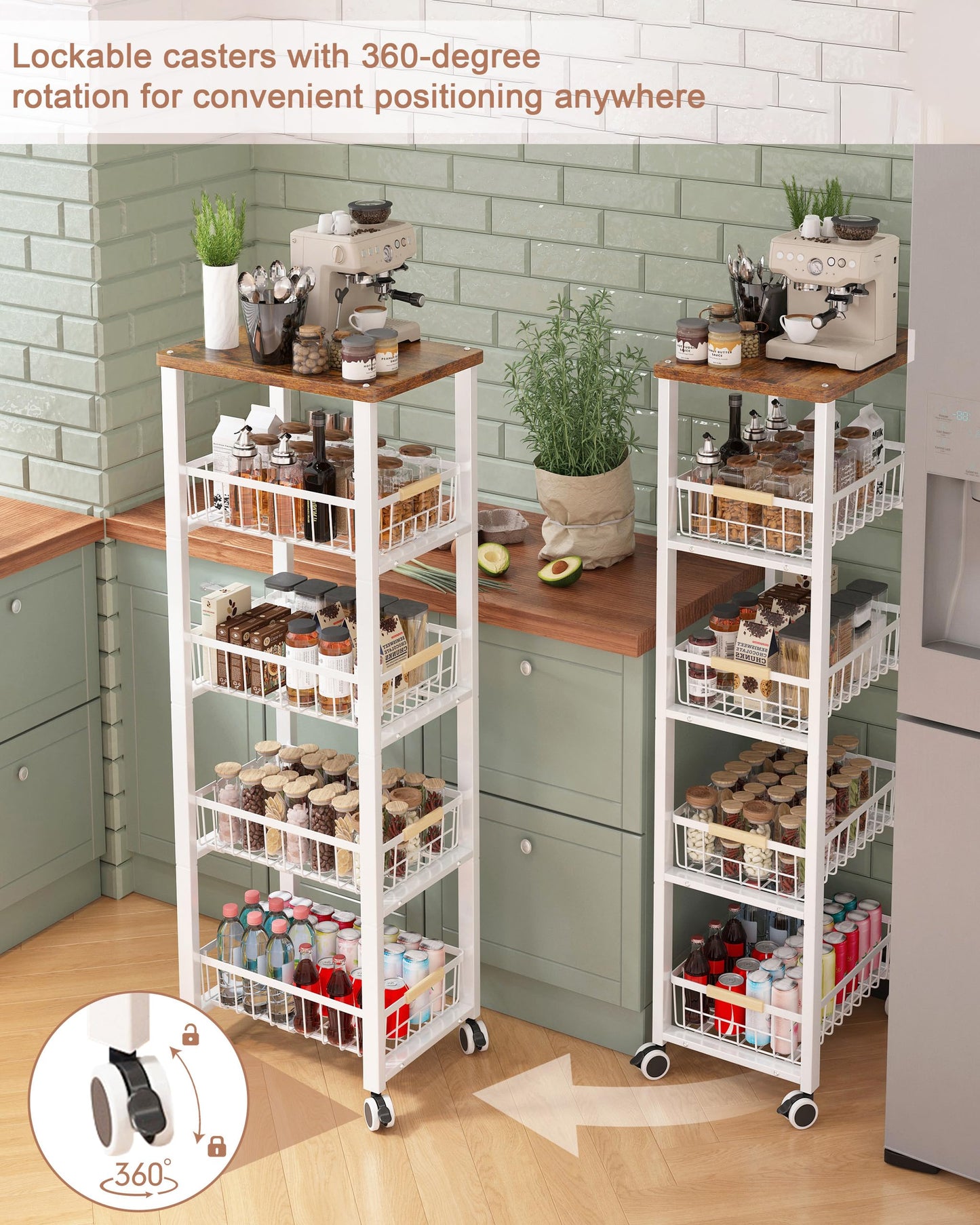 Ornestia 5-tier Vegetable Rack with Wooden Top for Kitchen Storage（White