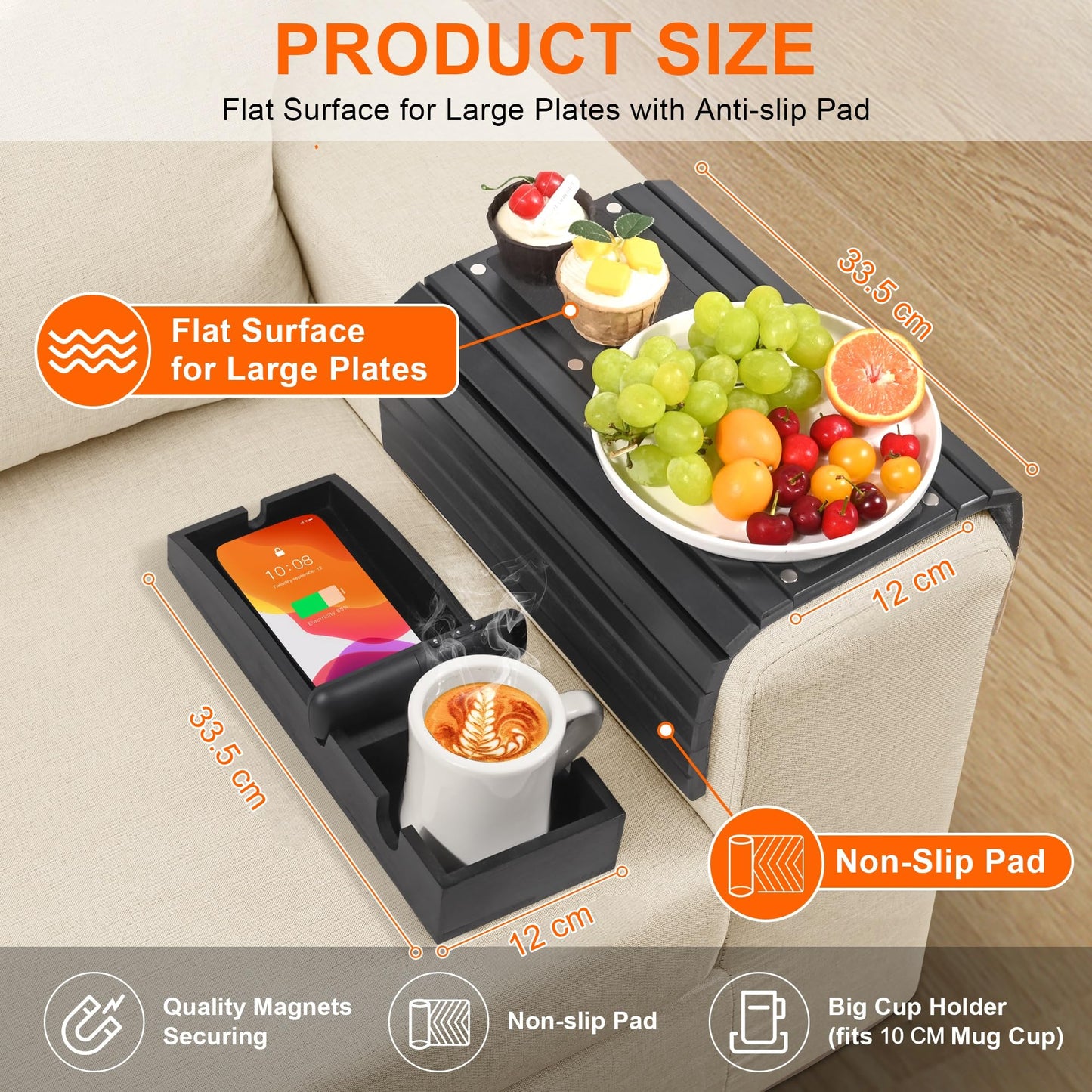 Joy&Grace Couch Cup Holder, 3-in-1 Magnetic Detachable Couch Arm Tray, Bamboo Sofa Armrest Table with Anti-Slip Pad, Sofa Armrest Tray Table (Black)