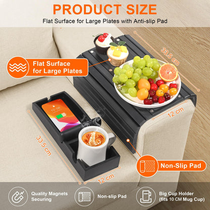 Joy&Grace Couch Cup Holder, 3-in-1 Magnetic Detachable Couch Arm Tray, Bamboo Sofa Armrest Table with Anti-Slip Pad, Sofa Armrest Tray Table Black