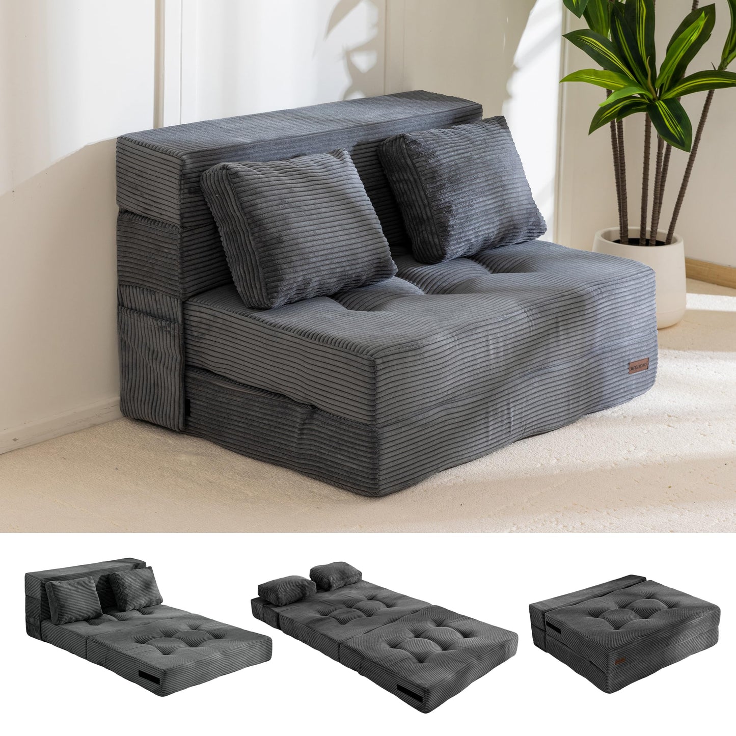 MAXYOYO Folding Foam Sofa Bed, Tri-Fold Mattress with 2 Pillows, Convertible Sofa Chair Futon Z Bed with 15cm Thincken Foam