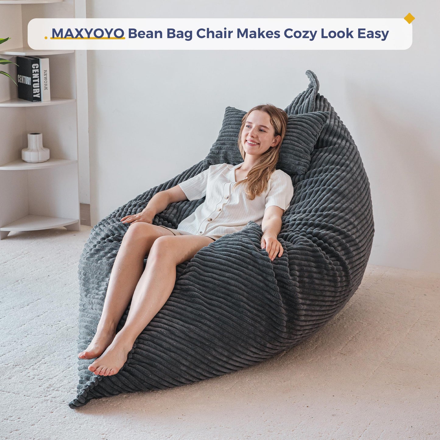 MAXYOYO Giant Bean Bag with Pillow, Soft Corduroy Removable Cover, Large Floor Cushion with Fluffy Foam Filling, BeanBag Chair for Adults & Kids
