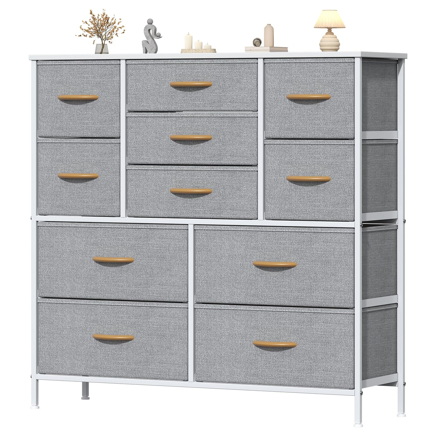 Feonase Chest of Drawers, Bedroom Tall Dresser with 11 Fabric Drawers, Metal Frame & MDF Wood Top, Adjustable Feet
