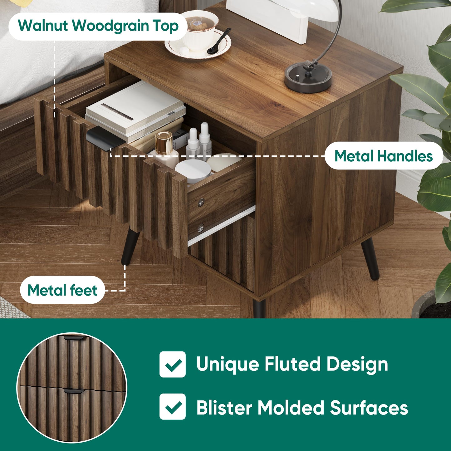 Smuxee Walnut Wooden Night Stand, Mid Century Nightstand with 2 Fluted Drawers, Bedside Table with Open Shelf, Modern End Side Table for Bedroom