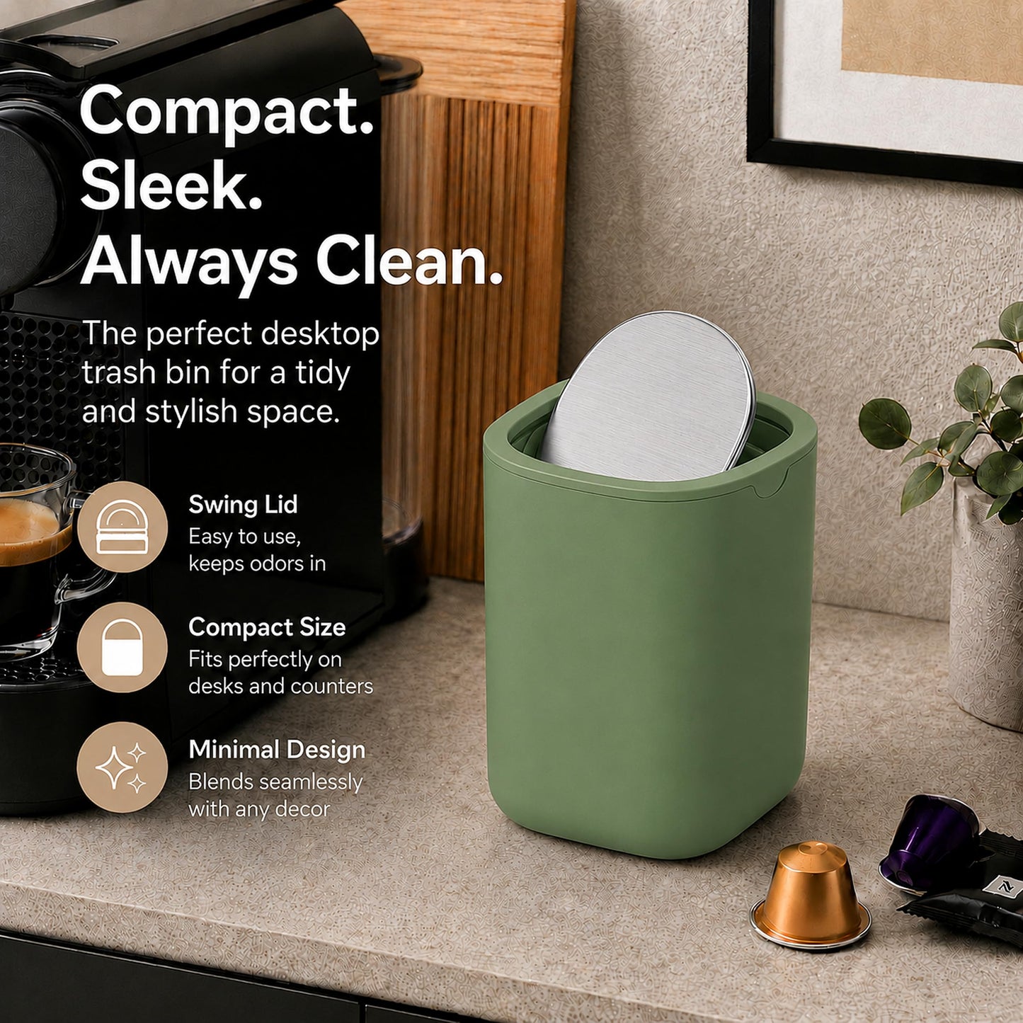 EverGrove Mini Table Bin,Desktop Trash Can (Canopy Green, 1.5, Litres)