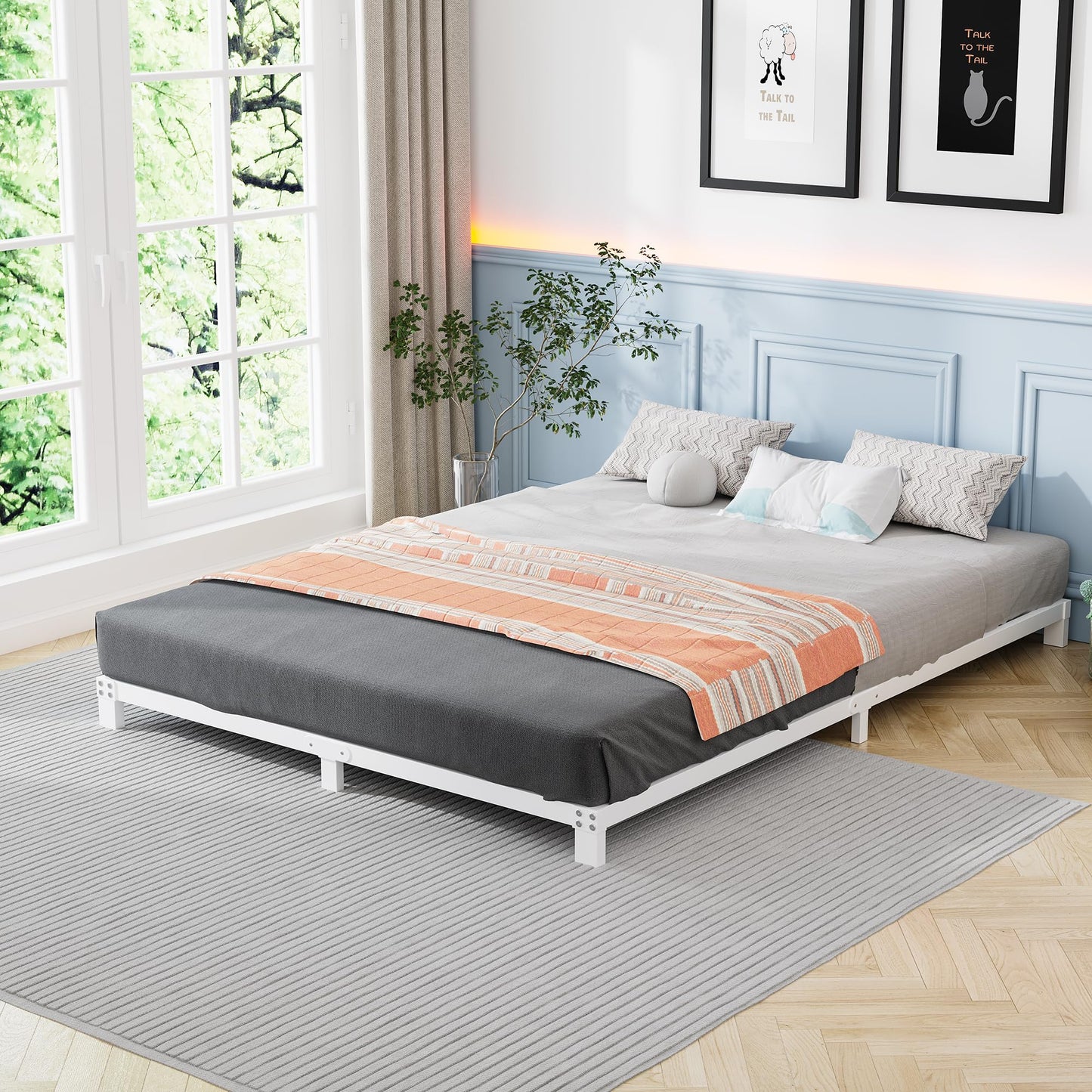 VERFARM 12cm Low 4ft6 Double Bed frame, Metal Bed 135x190 cm, Double Size Heavy Duty Metal Platform Bed Frame with Steel Slat Support