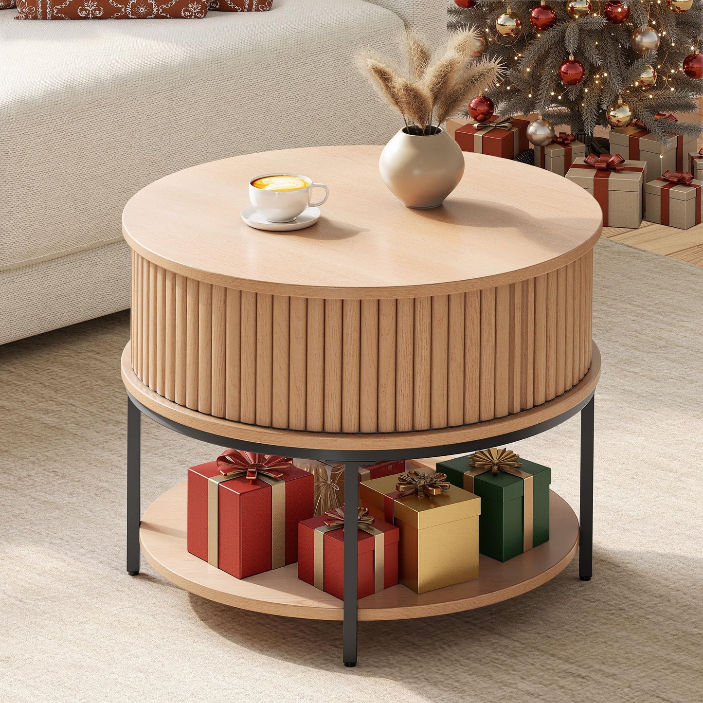 YITAHOME Round Coffee Table, Coffee Table with 2-Tier Storage Space, Fluted Coffee Tables with Tambour-Design Sliding Doors for Living Room