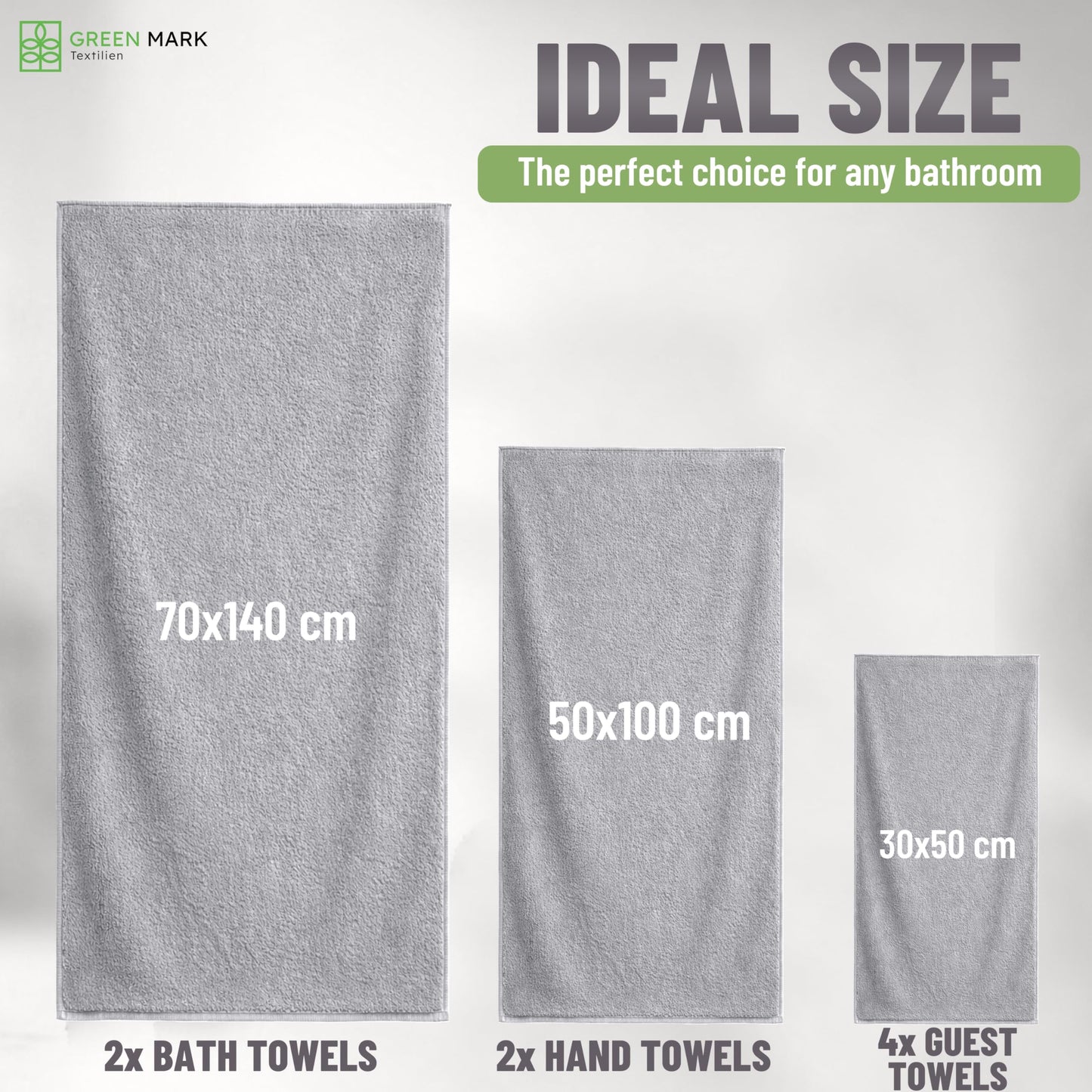 NatureMark 8-Piece Terry Towel Set with Various Sizes – 4 Guest Towels, 2 Hand Towels, 2 Bath Towels | Colour: Silver Grey | 100% Cotton