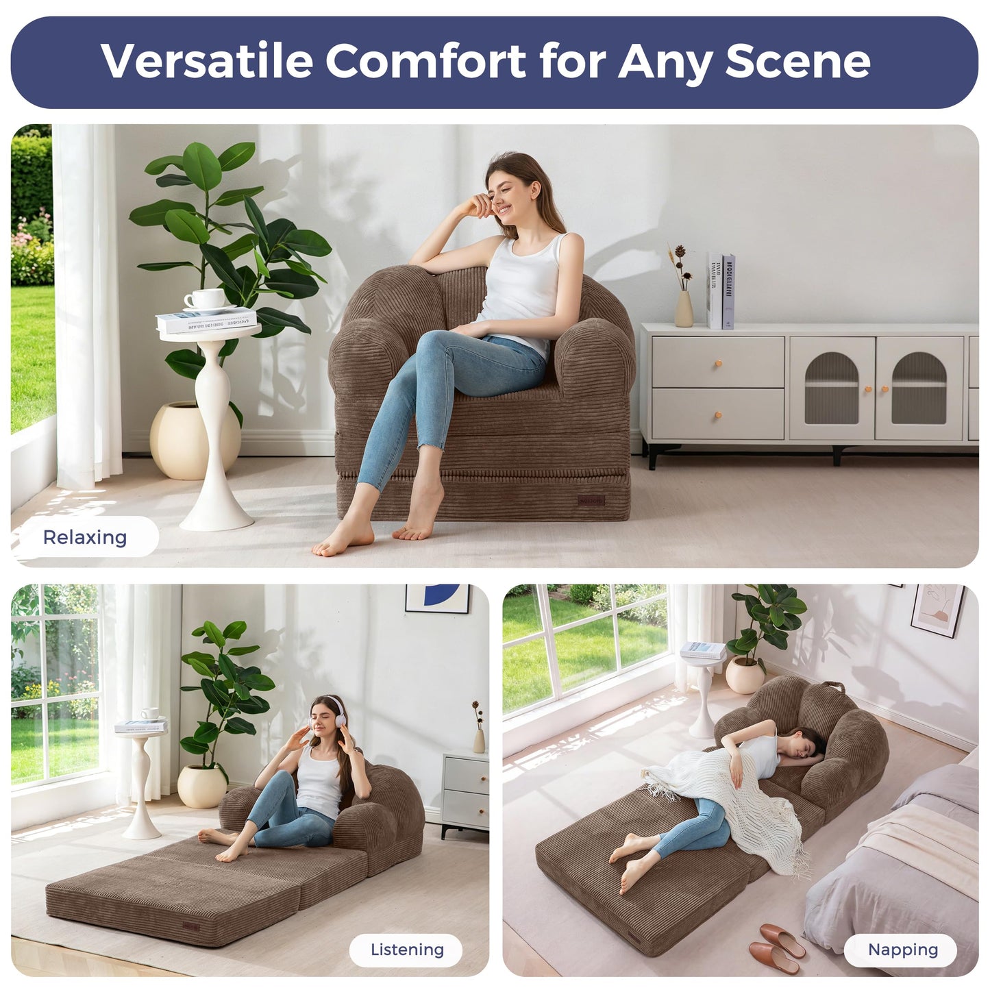 MAXYOYO Folding Sofa Bed with Backrest, Floral Shaped 2 in 1 Convertible Sofa to Comfy Faux Fur Bean Bag Chair for Adults