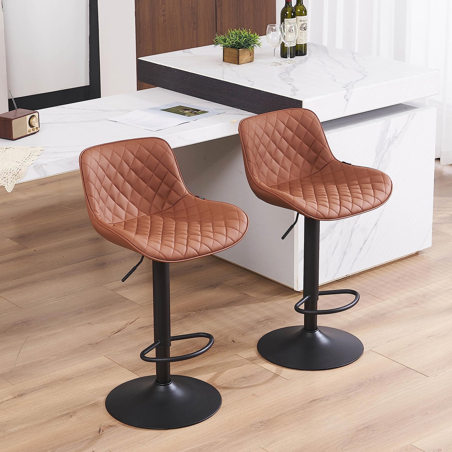 YOUTASTE Bar Stools Set of 2, Adjustable Height, PU Leather Padded Swivel Stools with Backrest, Gas Lift for Kitchen Island, Counter, Coffee