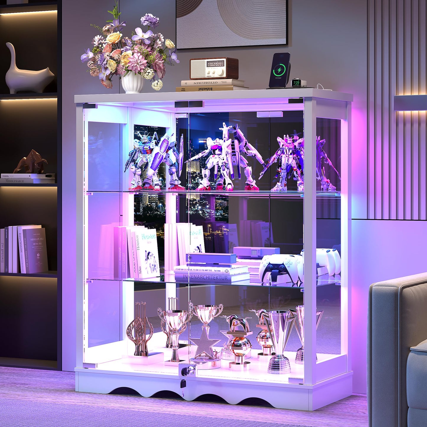 FREDEES RGB Display Cabinet with Glass Doors for Living Room, White
