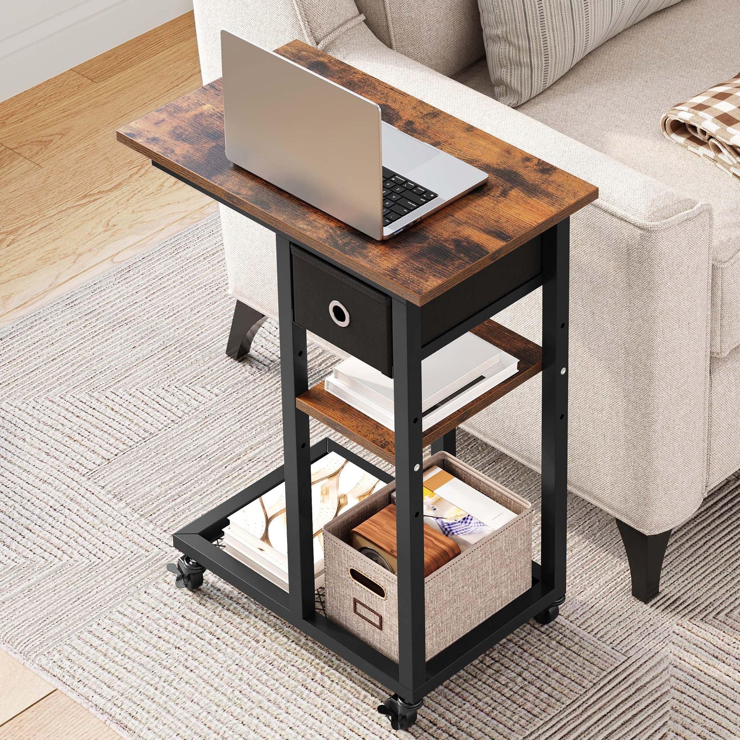 YITAHOME Bedside Table, C-Shaped Side Table with Fabric Drawer and Wheels