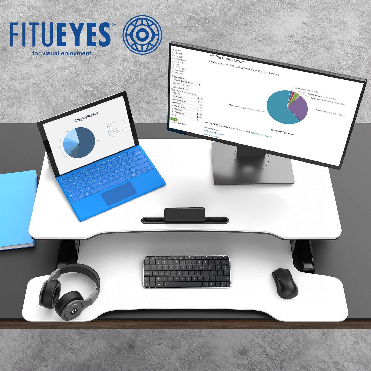 FITUEYES Standing Desk Converter 91.5x40 cm Height Adjustable Sit Stand Desk with Large Keyboard Tray and Phone Holder for Computer Laptop Dual