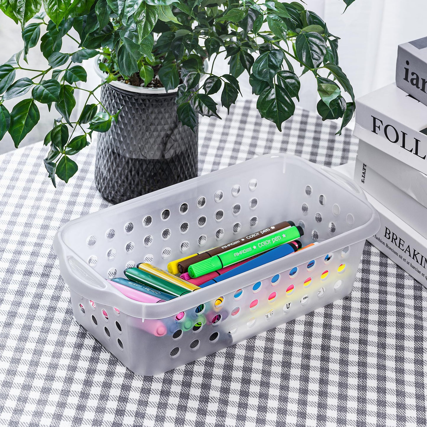Cetomo Plastic Storage Baskets with Handle, Storage Boxes, Shelf Basket Organizer with Hole, Open Top Storage Bin for Shelves Home Kitchen Office