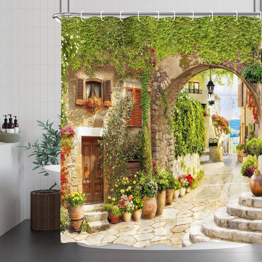 GOOESING Garden Shower Curtain Leaves Flowers Floral Shower Curtain Landscape Bathroom Curtain with Hooks Bathroom Bathtub Decor Washable Durable