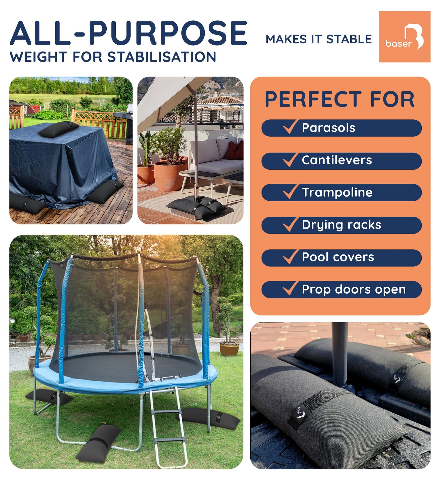 Baser - Outdoor fillable straight sandbags, 2 x 25 KG fillable weight bags for parasols, cantilevers and garden accessories