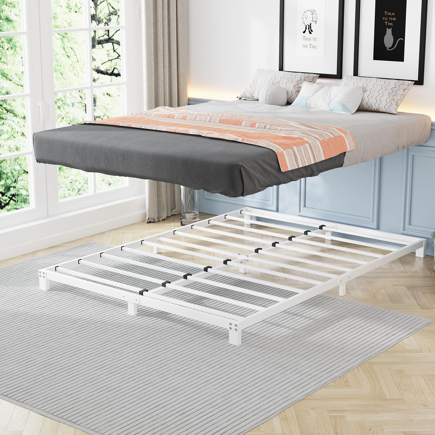VERFARM 12cm Low 4ft6 Double Bed frame, Metal Bed 135x190 cm, Double Size Heavy Duty Metal Platform Bed Frame with Steel Slat Support