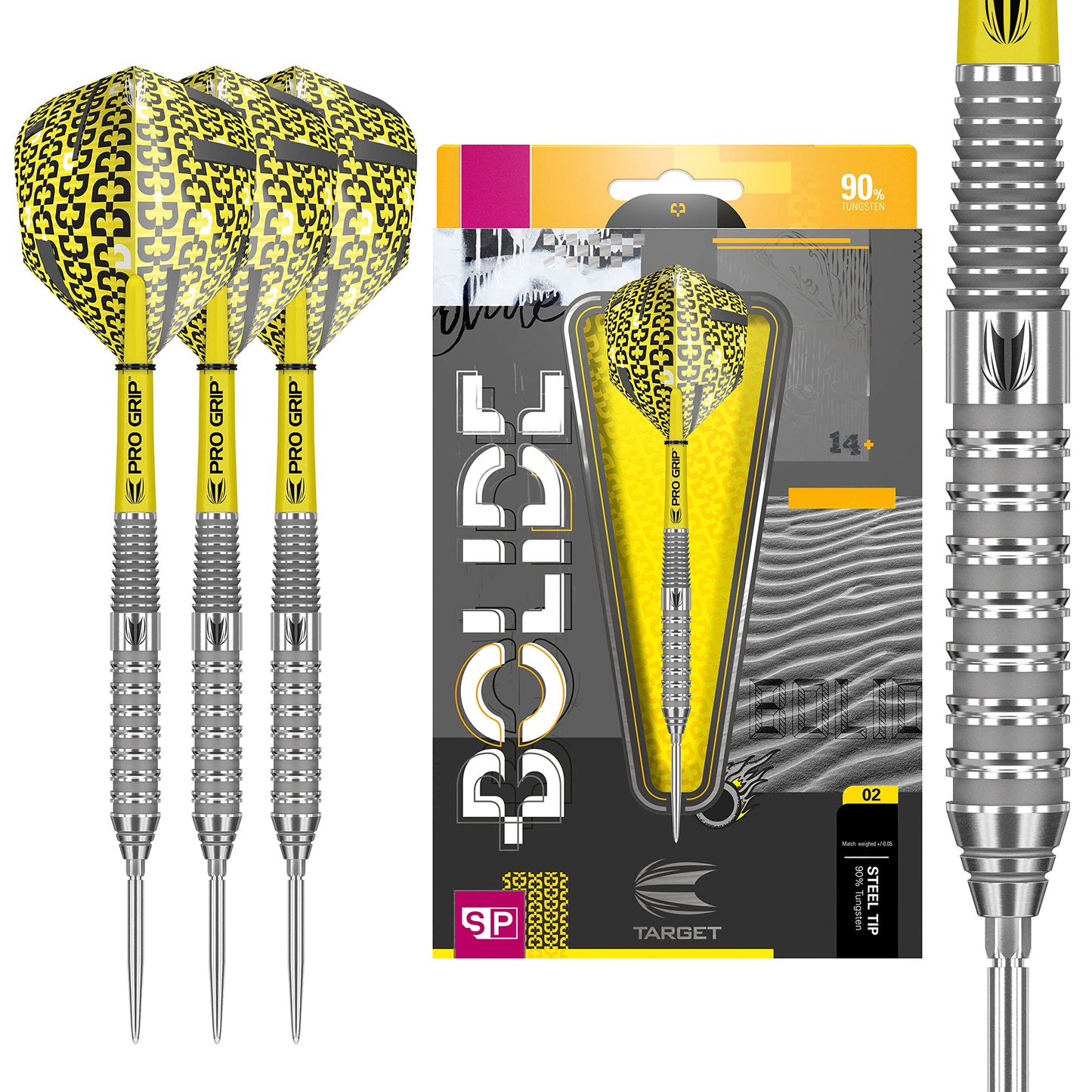 TARGET Darts Bolide 90% Tungsten Swiss Point Steel Tip Darts Set of 3, Barrel 02, 21 Grams | Featuring Pro Grip Dart Stems, Number 6 Dart Flights,