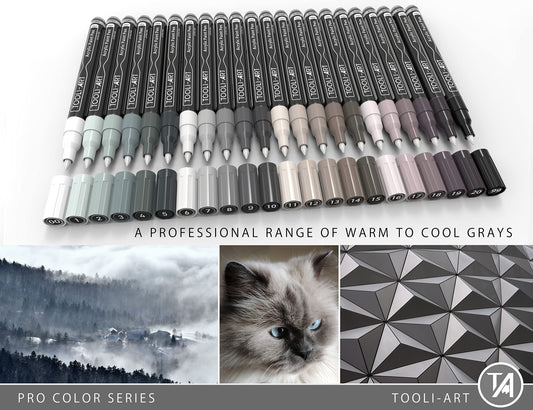 Acrylic Paint Pens 22 Gray Tones Assorted Pro Colour Series Markers Set 0.7mm Extra Fine Tip for Rock Painting, Glass, Mugs, Wood, Metal, Canvas,
