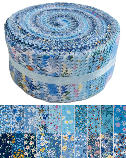 Jelly Roll Fabric 100% Cotton Quilting Fabric, 40 Pre-Cut Strips (2.5 x 44 Inch) for Quilting and Sewing - 20 Assorted Floral Prints- Blue