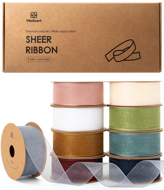 Vitalizart Organza Ribbon Mixed 9 Colours 1'' x 90YD, Sheer Fabric for Crafting 9 Rolls*10YD, Wide Gift Ribbon for Gift Wrapping, Christmas Tree,