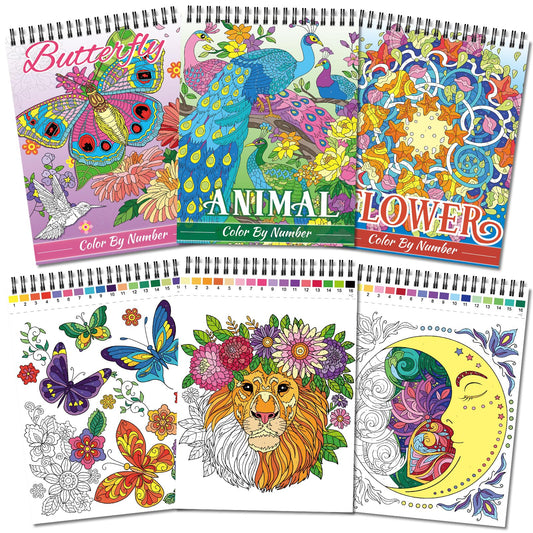 Kalysky 3 Pack Colour by Number Colouring Books for Adults, 60 Designs Adults Colouring Books Include Themes of Butterfly Flowers Animals, A4